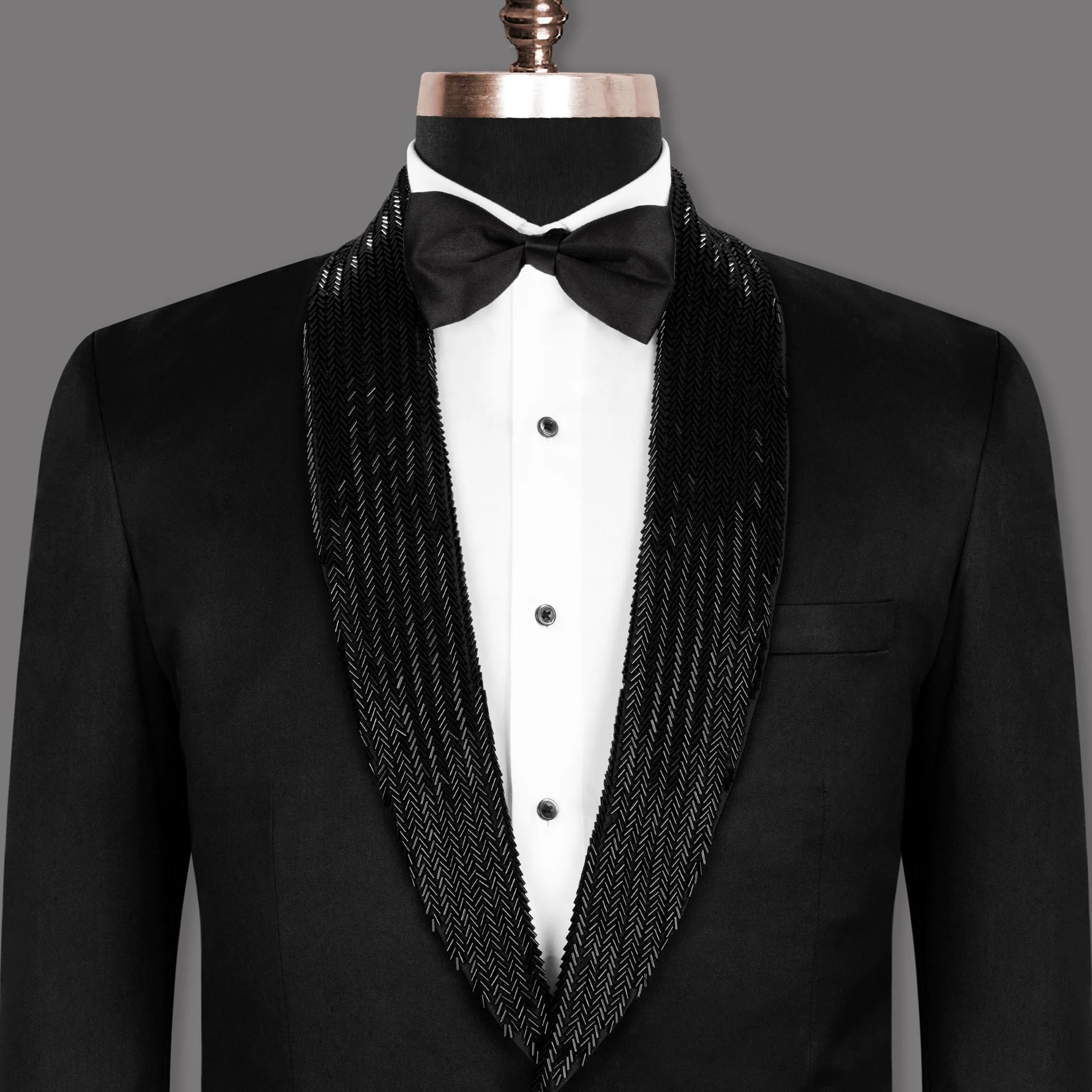 Jade Black Wool Rich Hand Crafted Designer Tuxedo Blazer