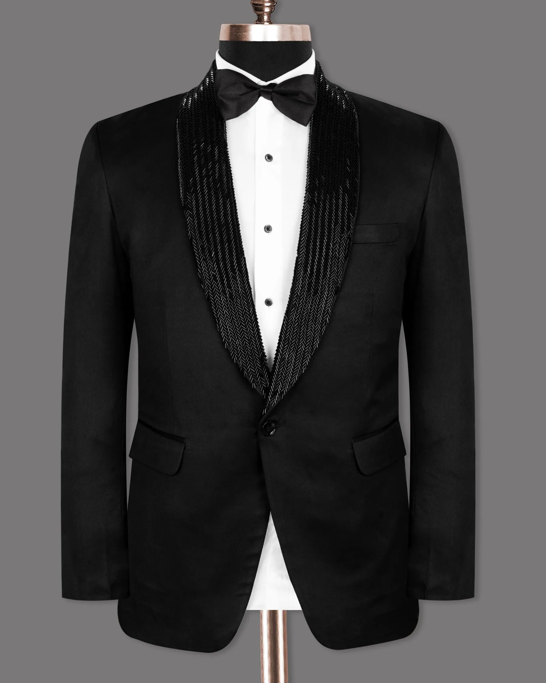 Jade Black Wool Rich Hand Crafted Designer Tuxedo Blazer