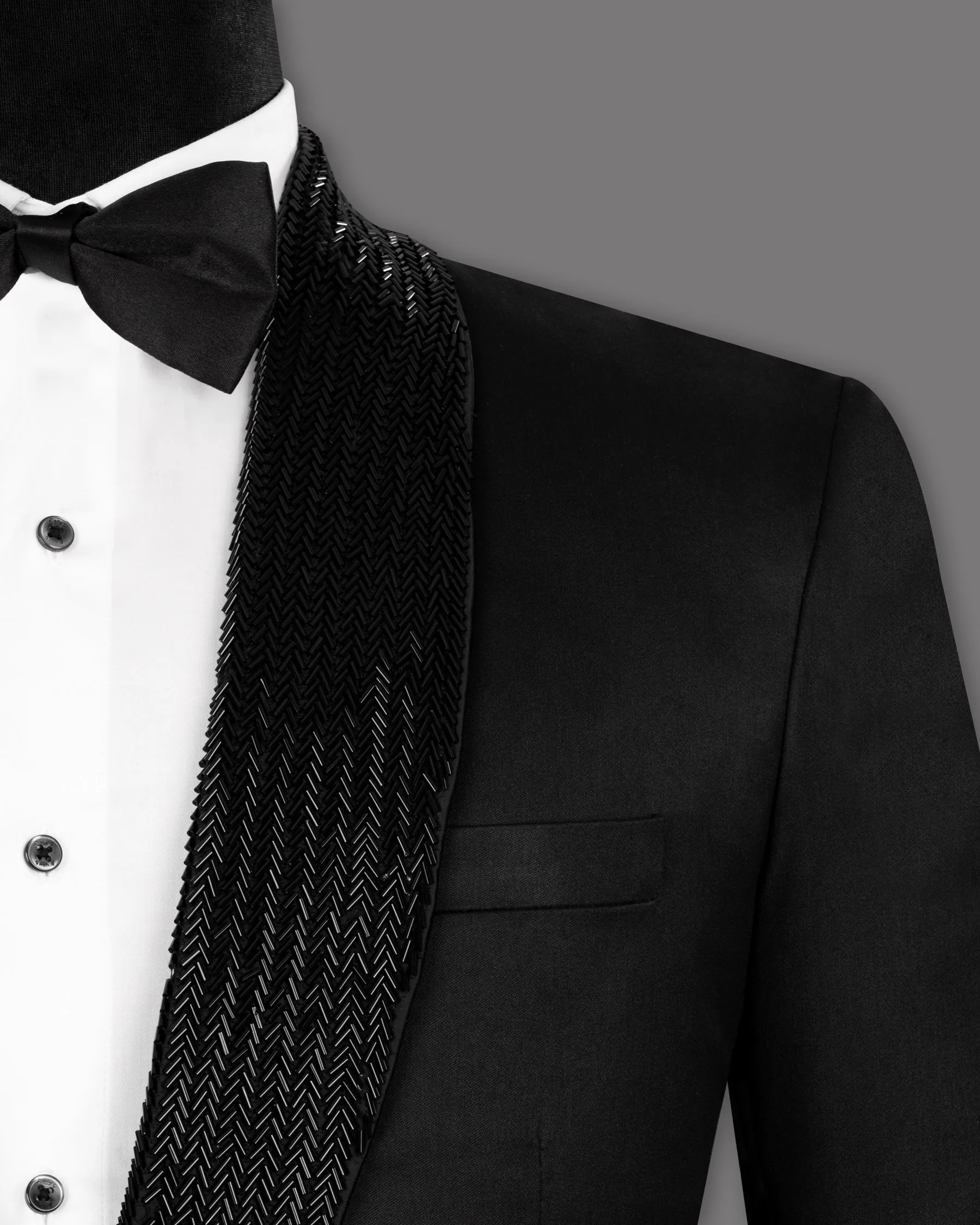 Jade Black Wool Rich Hand Crafted Designer Tuxedo Blazer