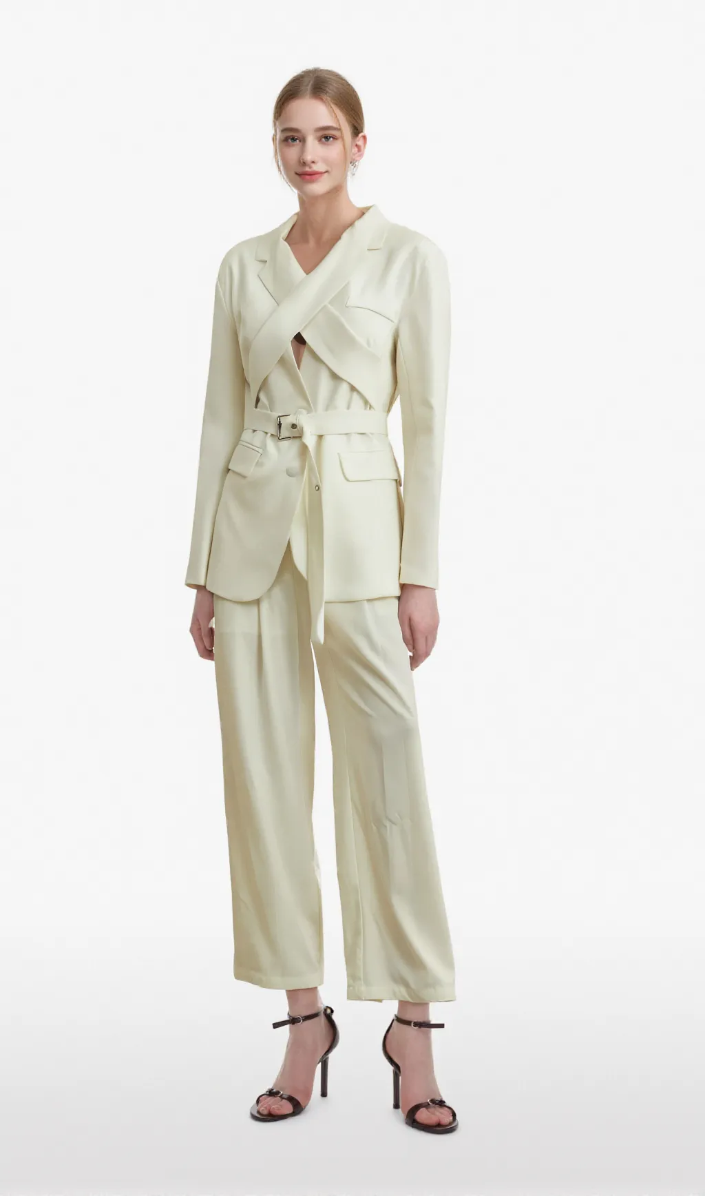 Jasmine white neck-tie wrapped blazer