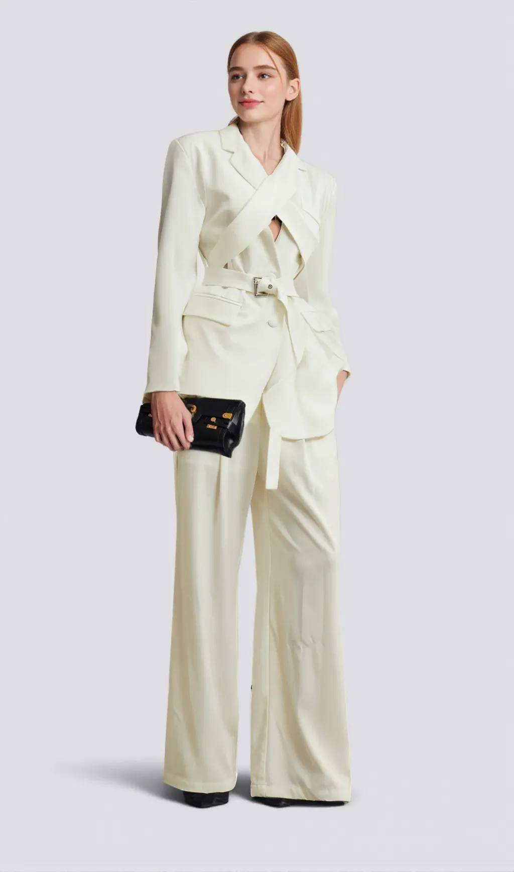 Jasmine white neck-tie wrapped blazer