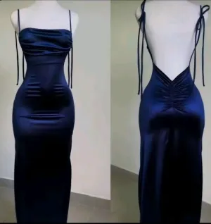 JazzHer Modest Sheath Spaghetti Straps Navy Blue Satin Prom Dresses Evening Dress (PRE-ORDER)