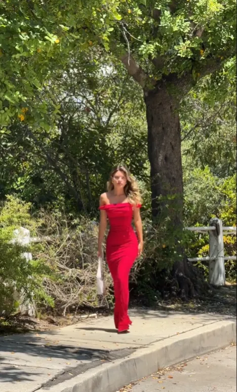 JazzHer Vintage Sheath Off The Shoulder Red Satin Evening Dress Prom Dresses Birthday Outfits BD  (PRE-ORDER)