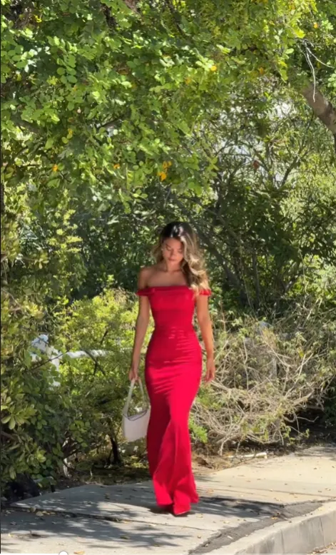 JazzHer Vintage Sheath Off The Shoulder Red Satin Evening Dress Prom Dresses Birthday Outfits BD  (PRE-ORDER)