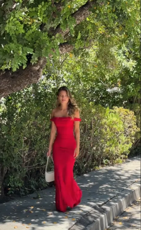 JazzHer Vintage Sheath Off The Shoulder Red Satin Evening Dress Prom Dresses Birthday Outfits BD  (PRE-ORDER)