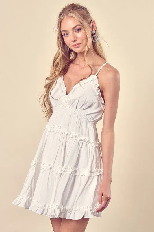JODI SPAGHETTI STRAP RUFFLED TIERED MINI DRESS