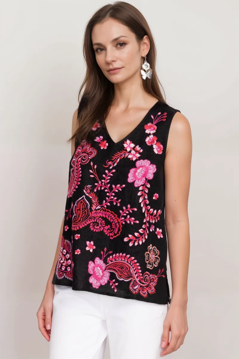 Johnny Was Button-back Linen Black Tank Top J15424 Boho Chic