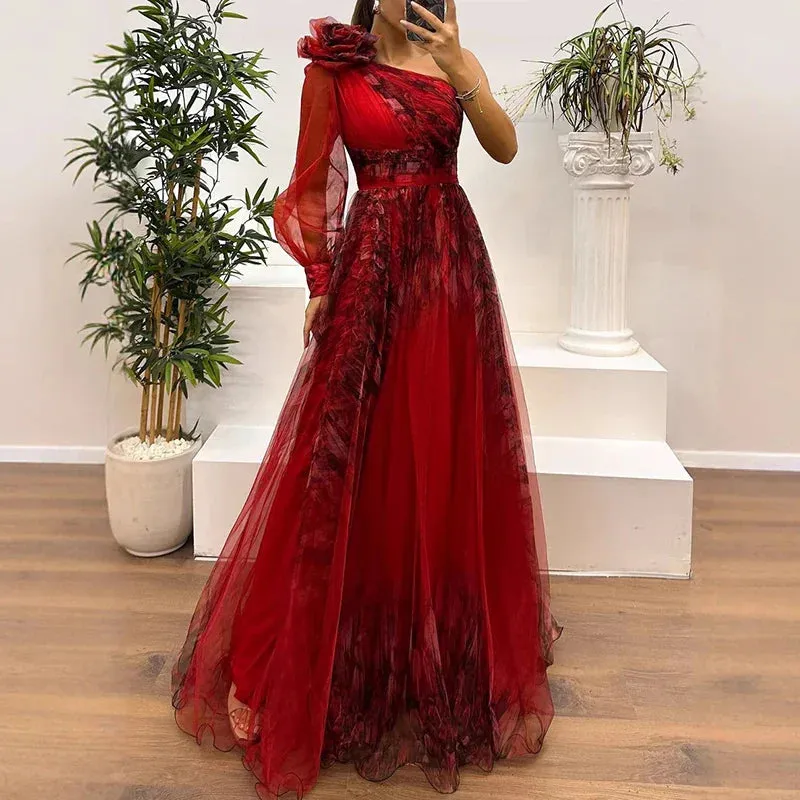Judith - Trendy One Shoulder Mesh Print Maxi Dress