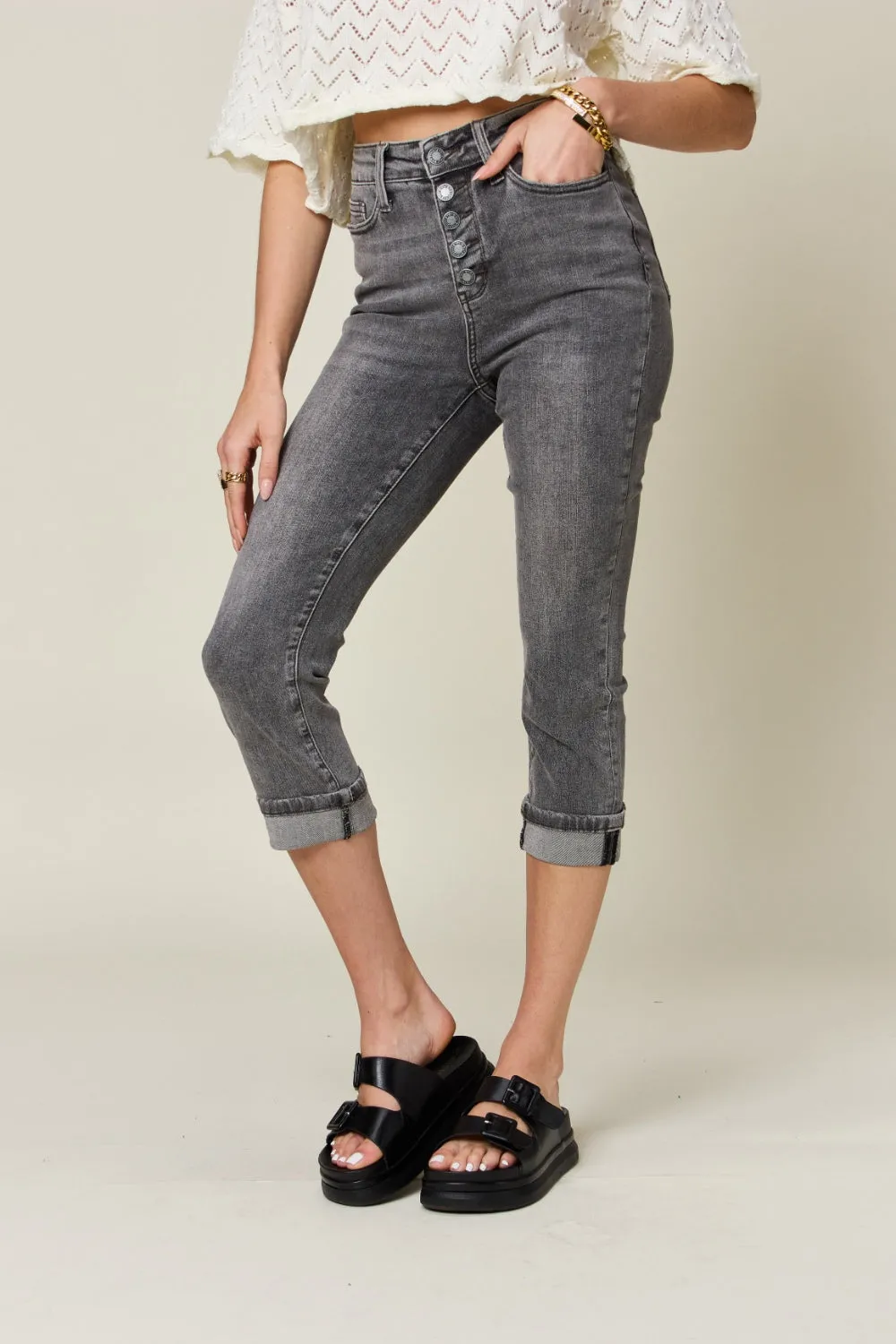 Judy Blue Full Size Button Fly High Waist Cuffed Capris ONLINE EXCLUSIVE