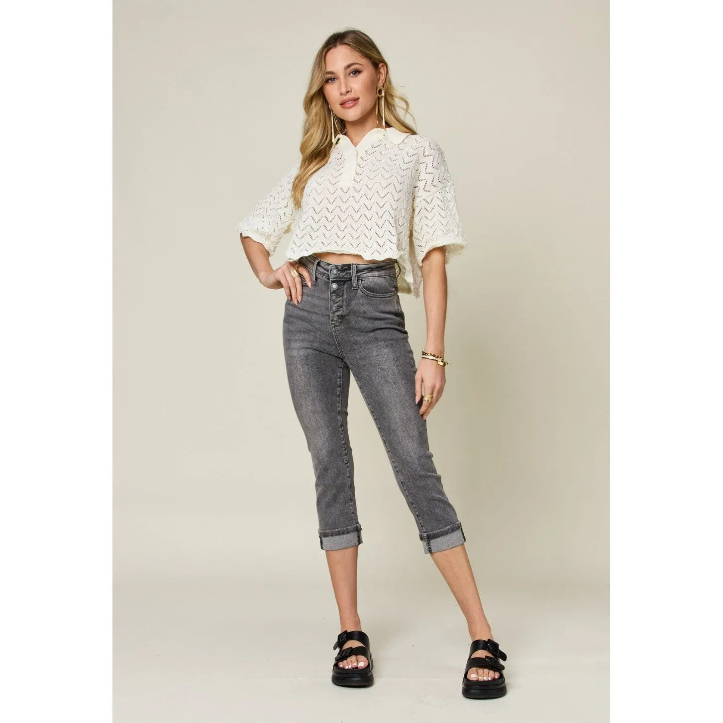 Judy Blue Full Size Button Fly High Waist Cuffed Capris