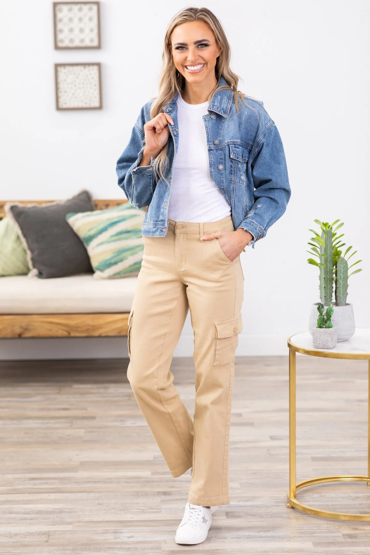 Judy Blue Tan Straight Leg Cargo Pocket Jeans