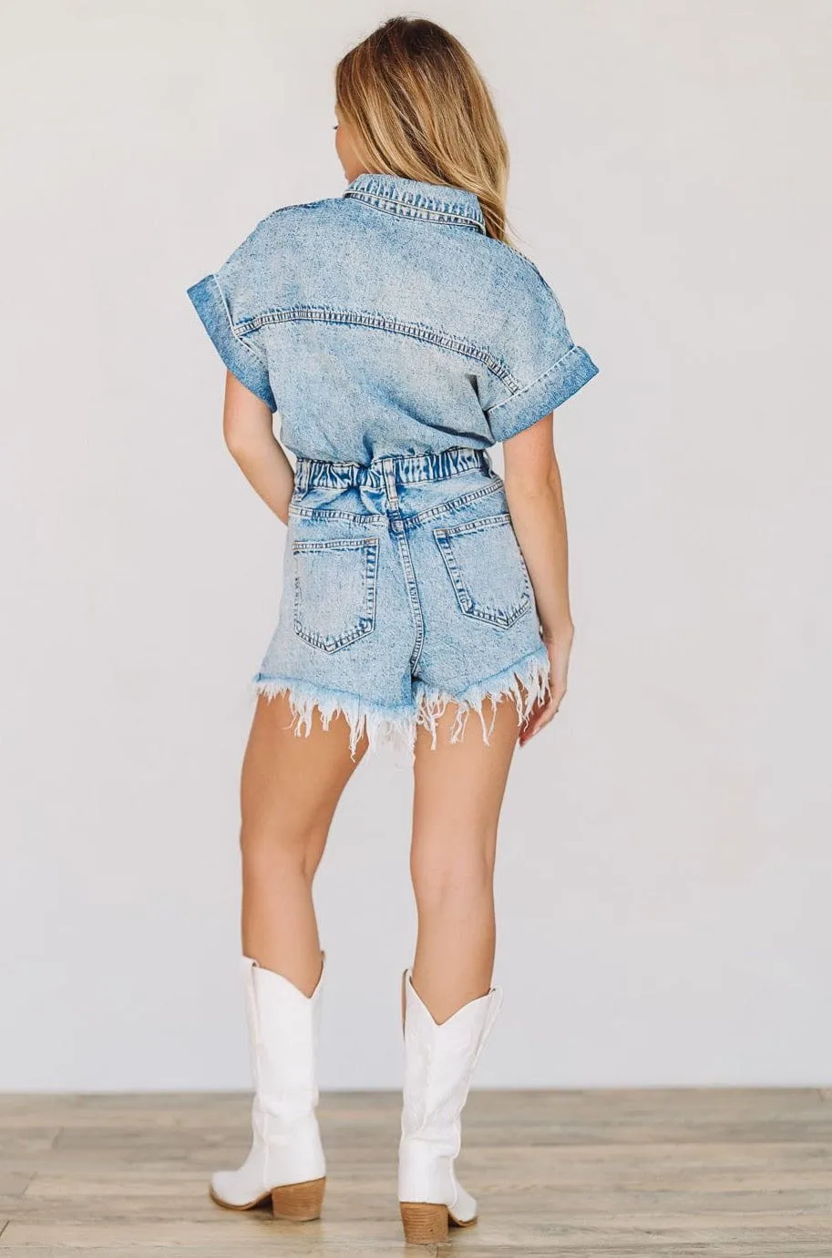 Just So You Know Denim Romper - Blue Acid Washed