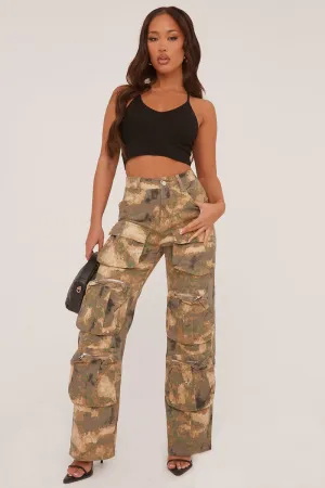 Khaki Abstract Print Cargo Trousers - Faye