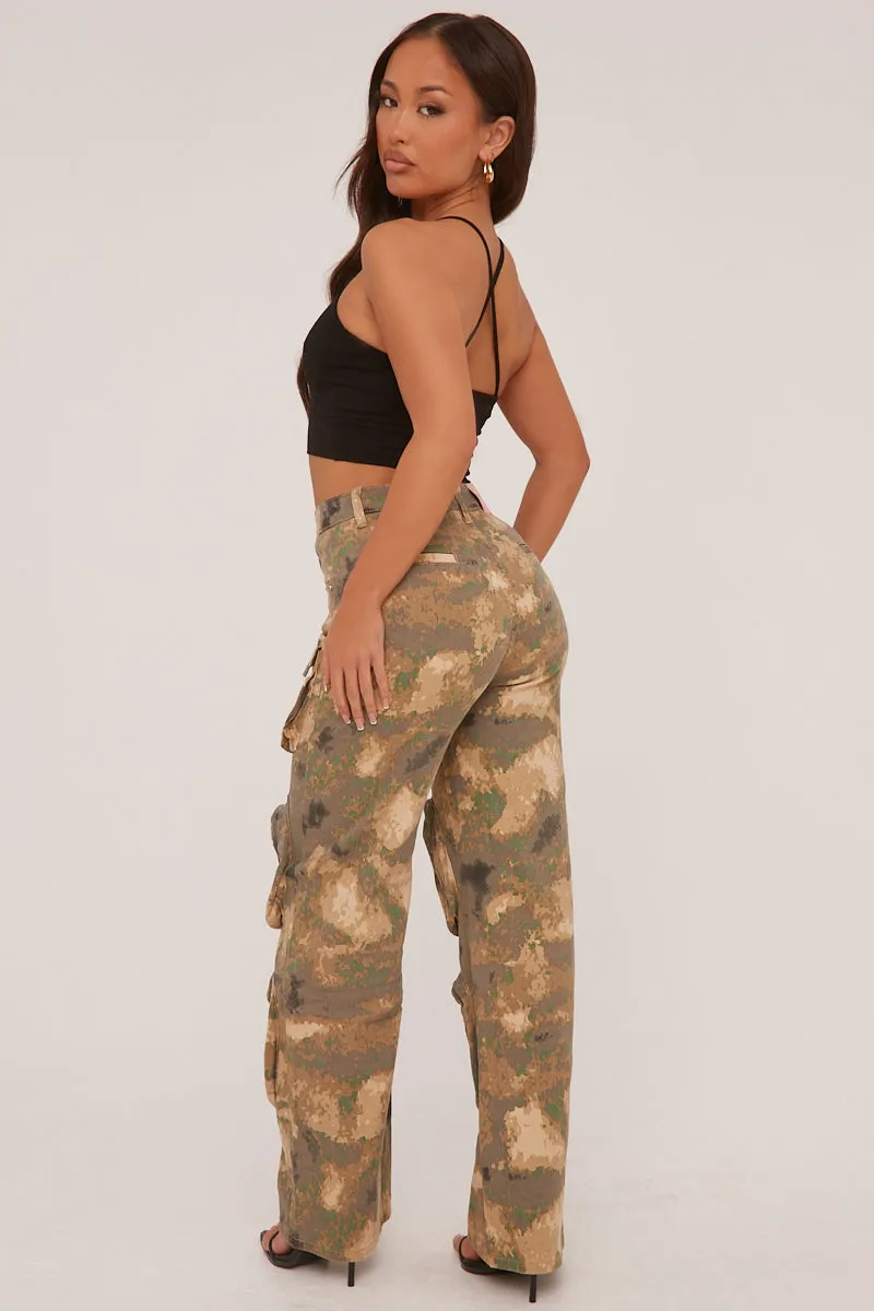Khaki Abstract Print Cargo Trousers - Faye
