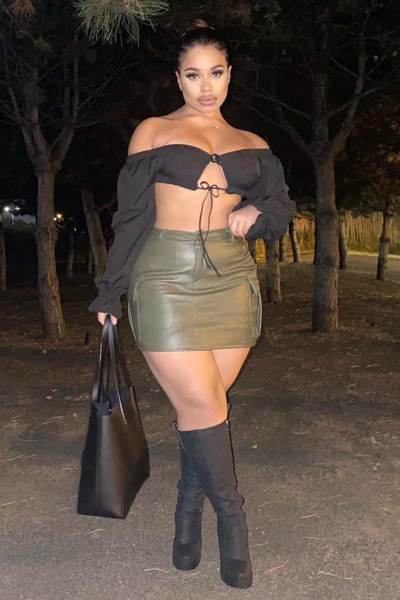 Khaki Cargo Pocket Faux Leather Mini Skirt - Taylia