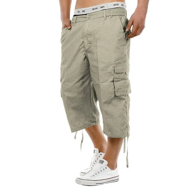 KLV Mens Short Summer New Mens Elasticated Waist Combat 3/4 Long Knee Length Short DIY clothing with Pocket High Quality L0709