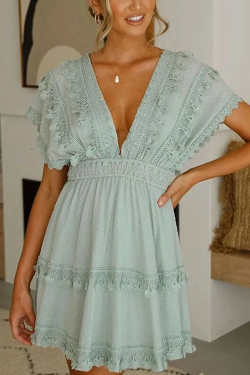 Lace Hem V Neck Backless Mini Dress