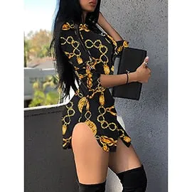 Lace Short Dress Bend Hem Chain Print