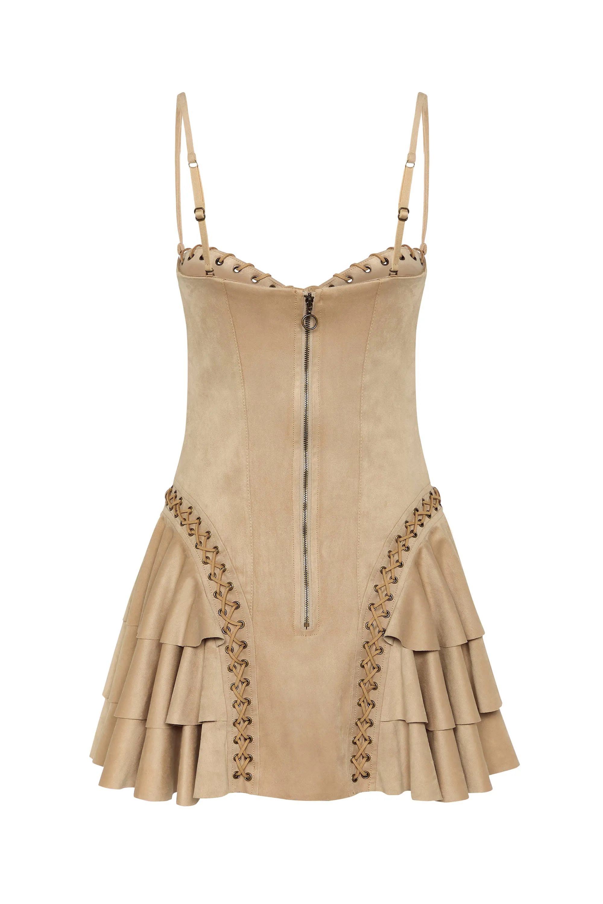 Lace-Up Tiered Corset Mini Dress in Tan