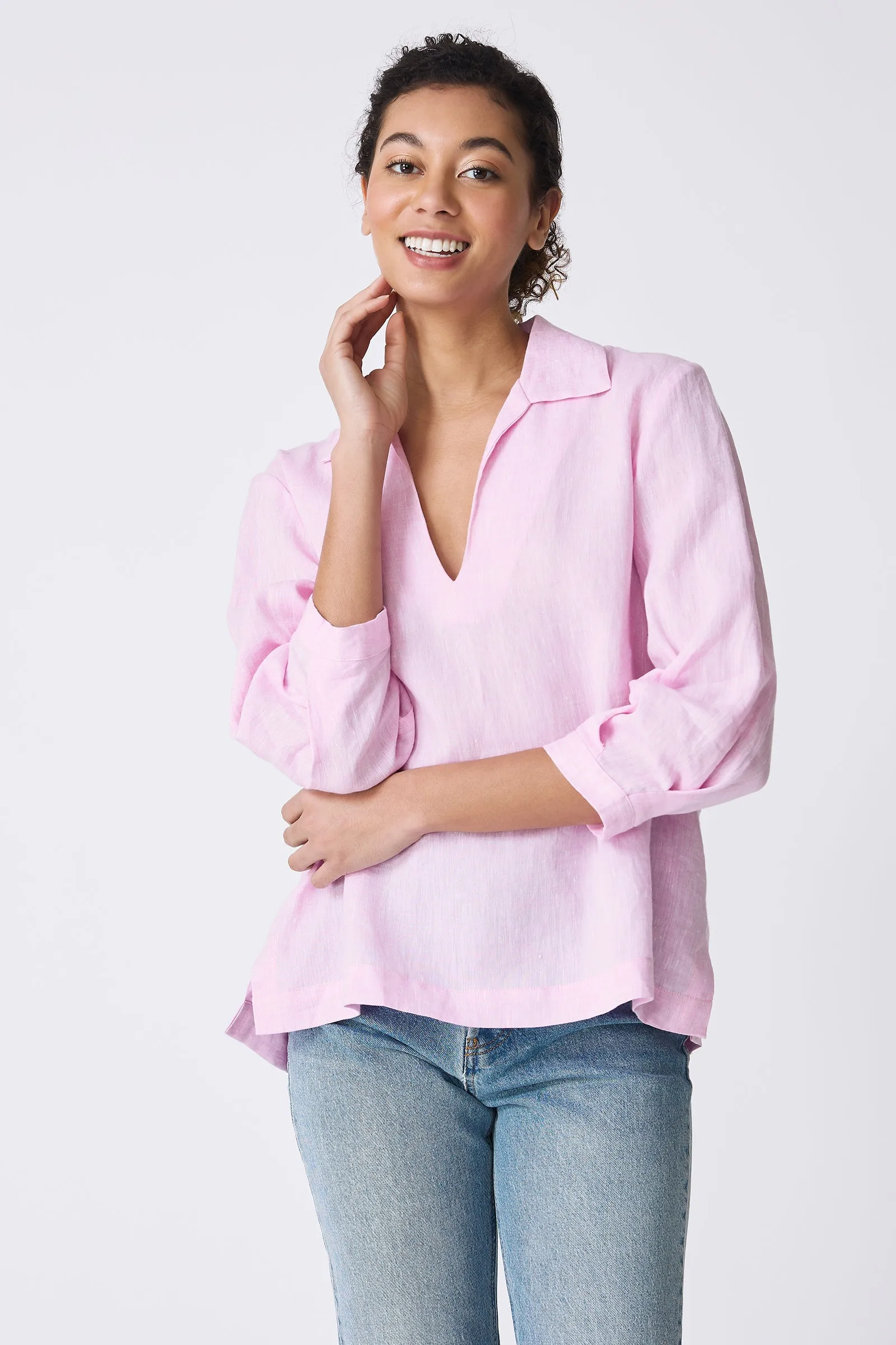 Lea Collared V-Neck Top - Pink