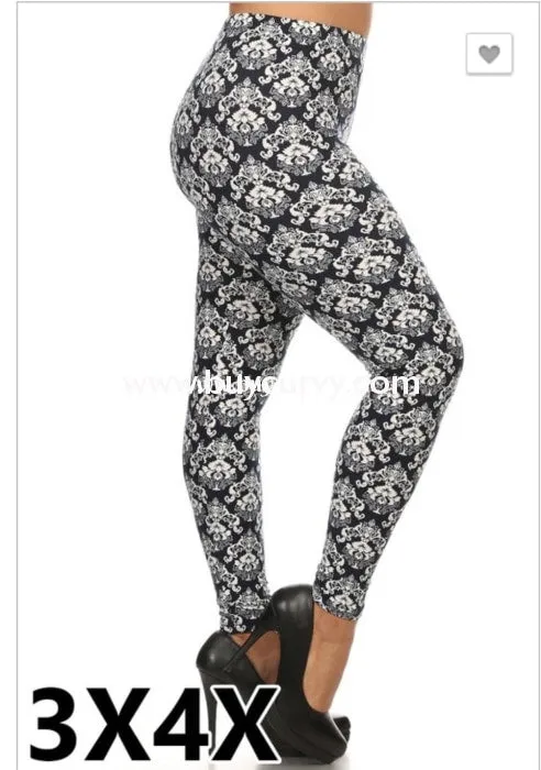 LEG-K Blue & White Damask Print Leggings PLUS SIZE