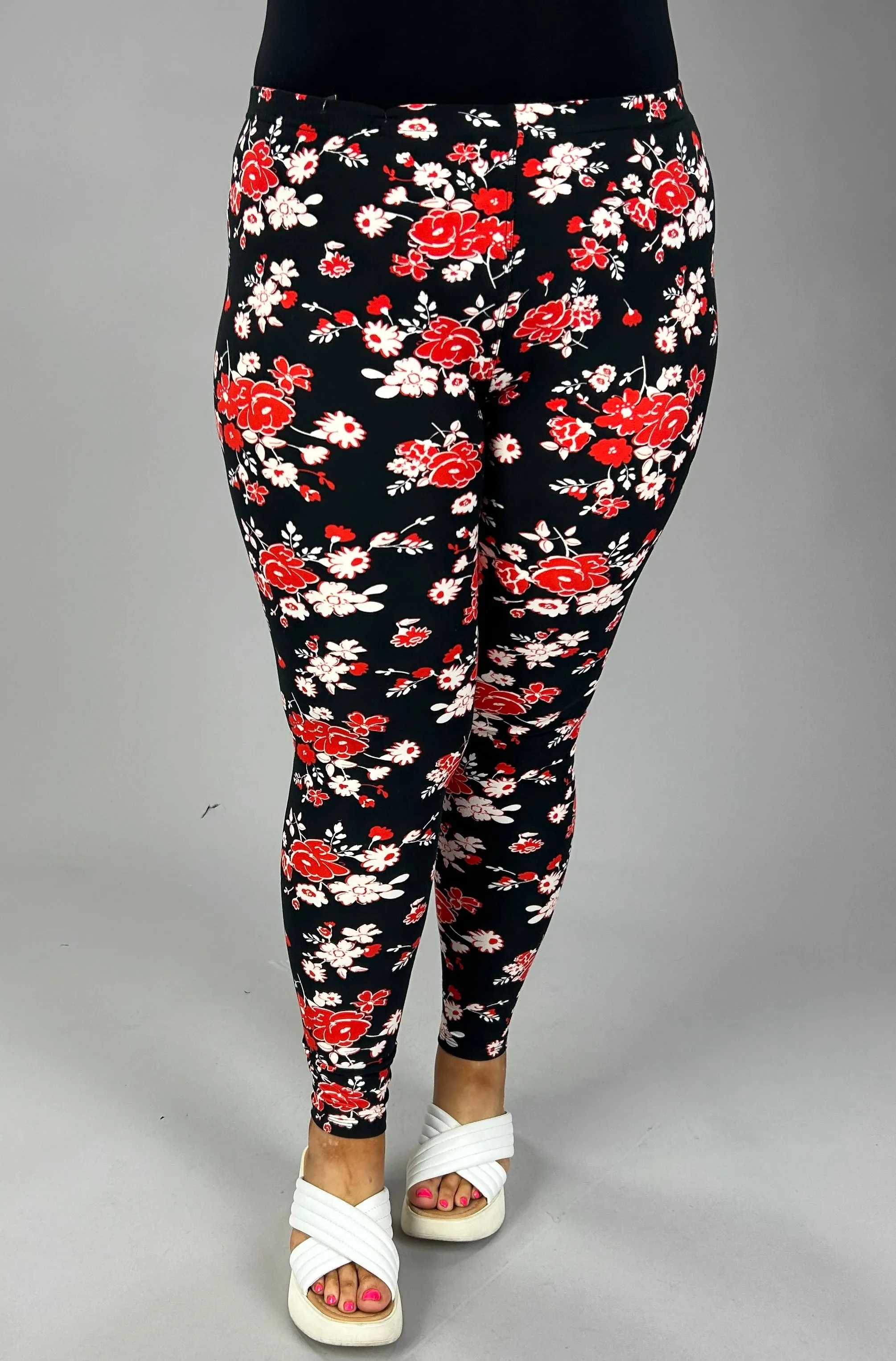 LEG-R {Fun Days} Black Leggings with Red & White Floral Print PLUS