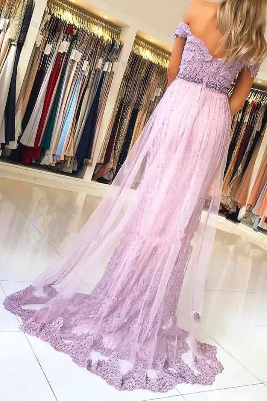 Lilac Off the Shoulder Mermaid Prom with Appliques Charming Beaded Evening Dress