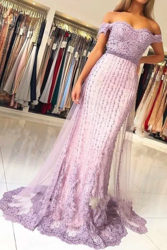 Lilac Off the Shoulder Mermaid Prom with Appliques Charming Beaded Evening Dress