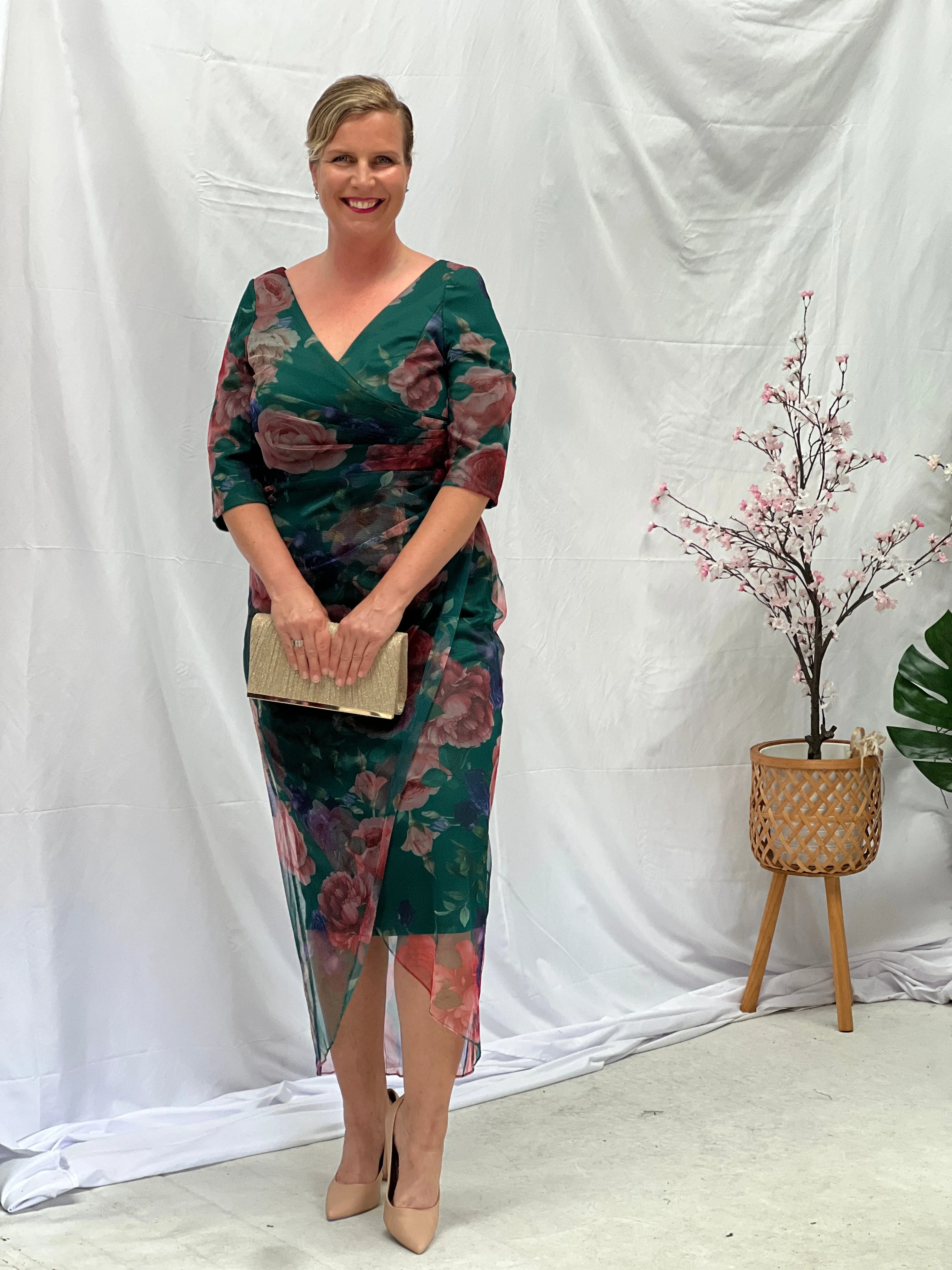 Lima Emerald Floral Evening Dress