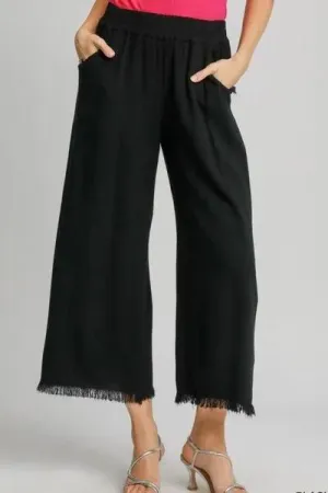 Linen Blend Elastic Waistband Wide Leg Black Pants