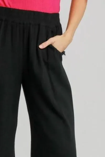 Linen Blend Elastic Waistband Wide Leg Black Pants