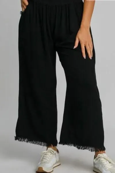 Linen Blend Elastic Waistband Wide Leg Black Pants