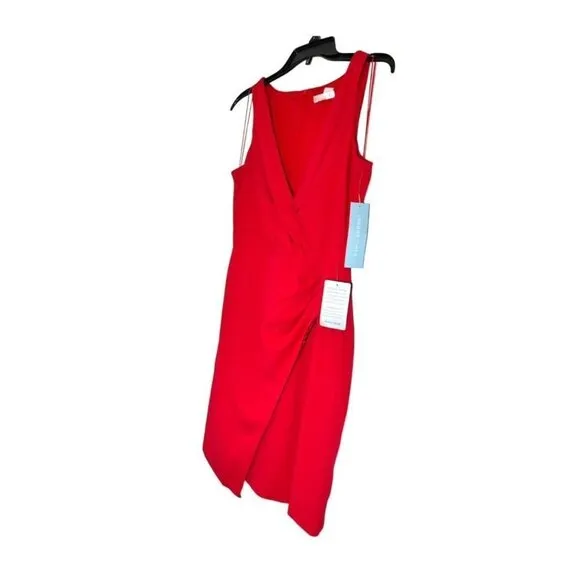 London Times Womens Red V Neck Sleeveless Ruched Sheath Dress Sz 10 NWT