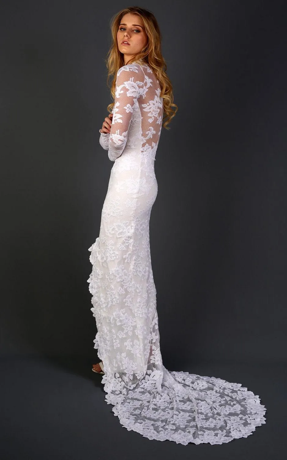 Long Sleeve Chapel Train Lace Dress With Appliques Flower-712308