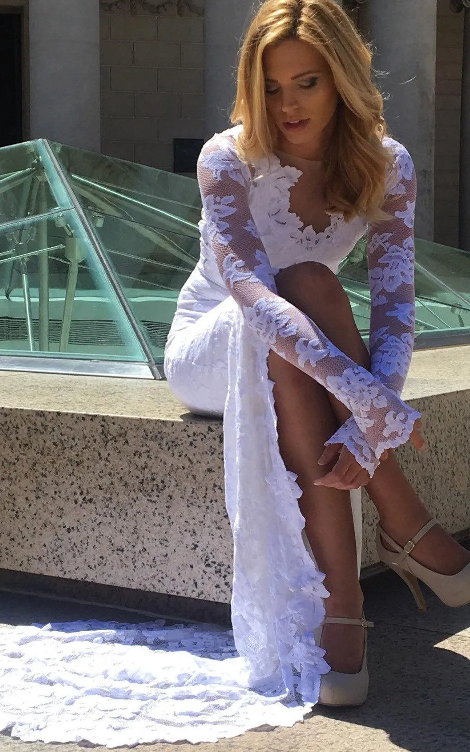 Long Sleeve Chapel Train Lace Dress With Appliques Flower-712308