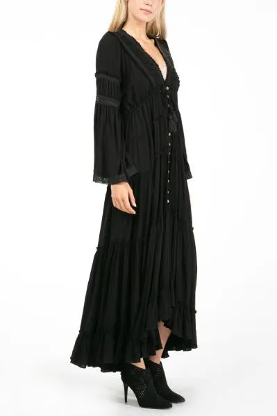 Long Sleeve Maxi Dress with Ruffle Hem - Black -