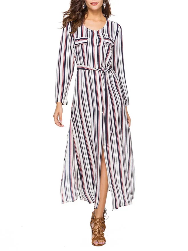 Long Sleeve Shirt Dress Striped Split Long Dress