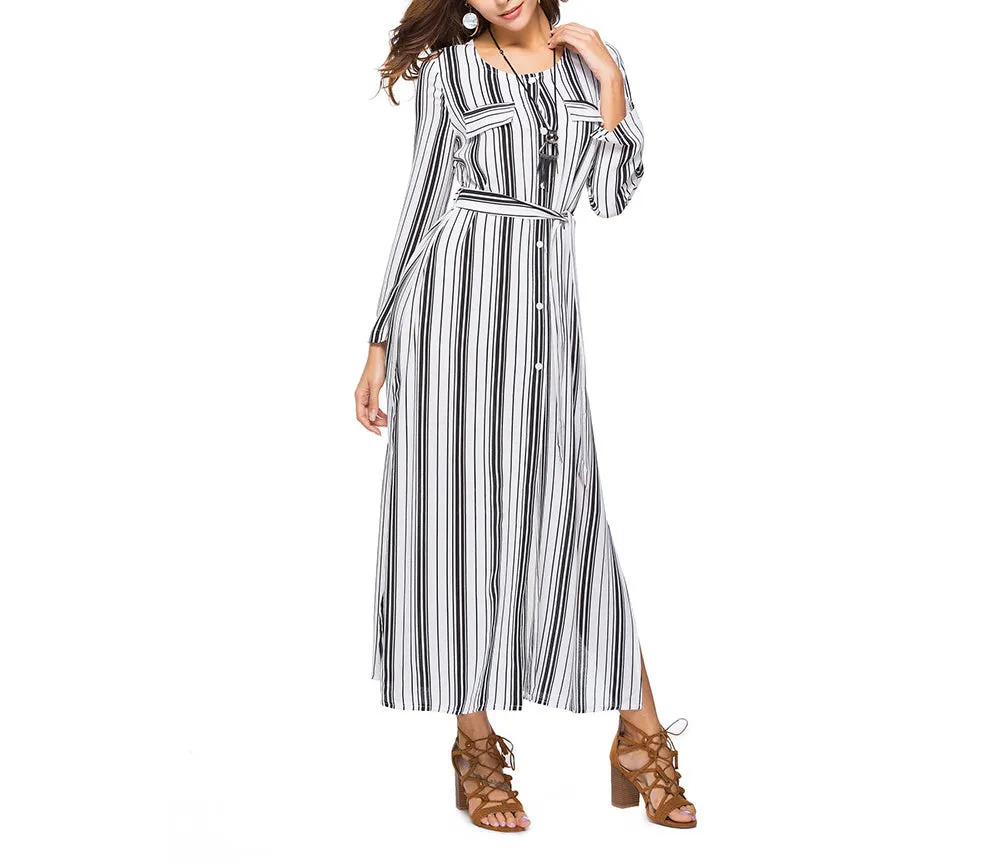 Long Sleeve Shirt Dress Striped Split Long Dress