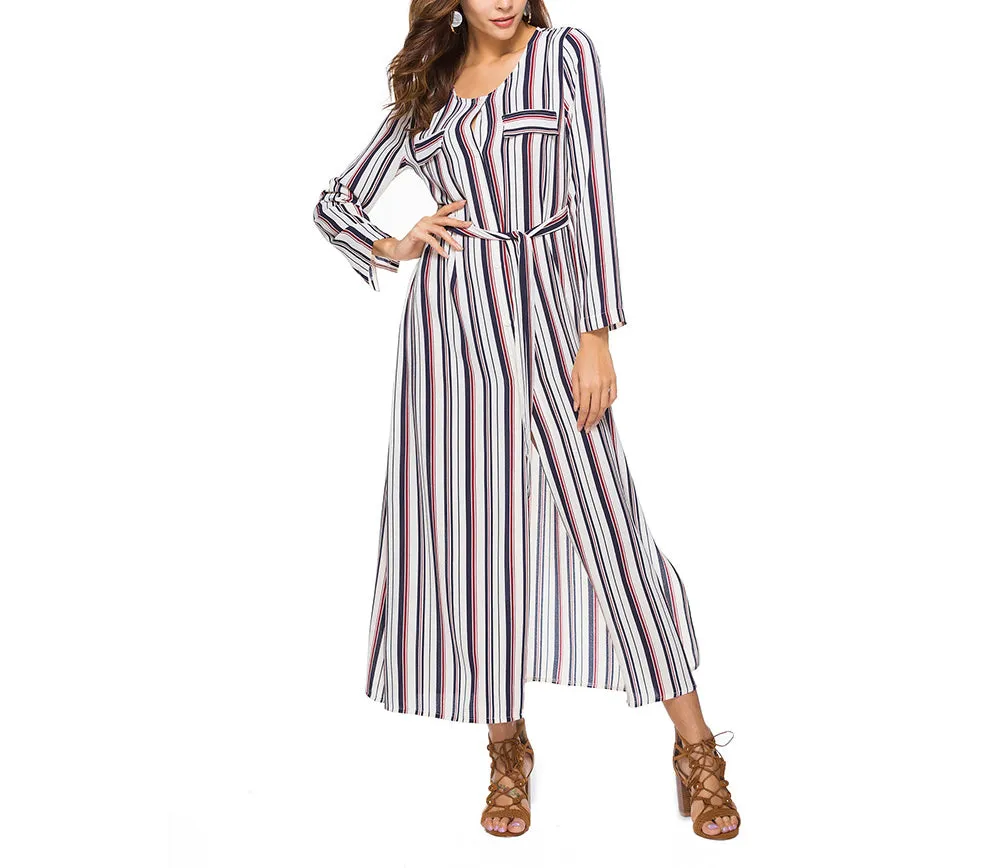 Long Sleeve Shirt Dress Striped Split Long Dress