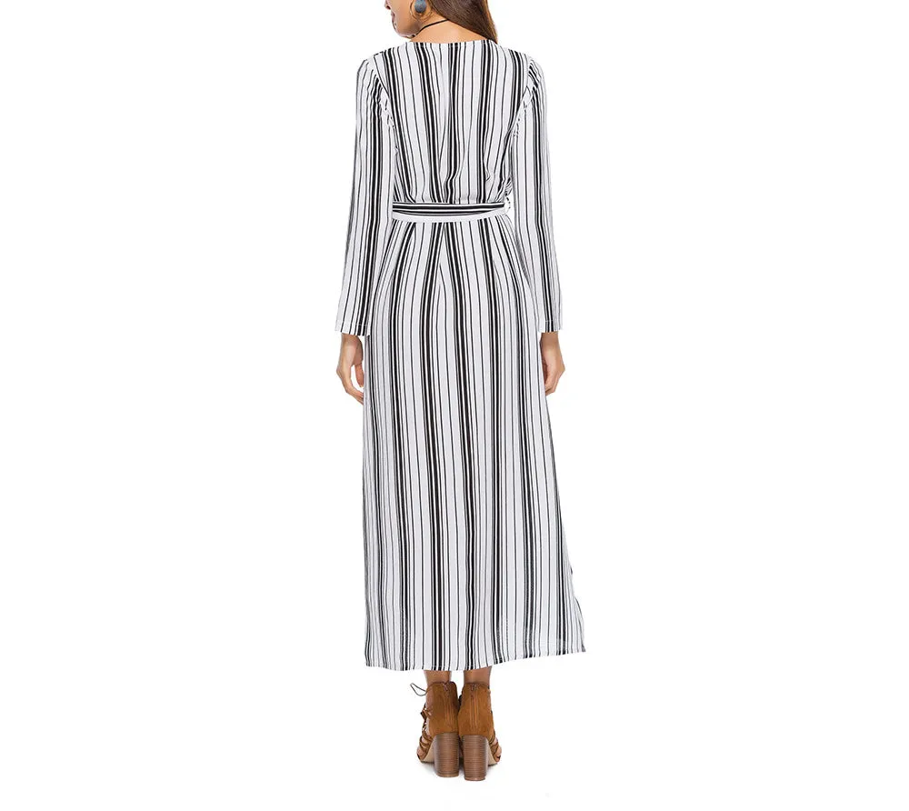 Long Sleeve Shirt Dress Striped Split Long Dress
