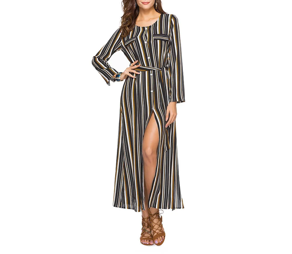 Long Sleeve Shirt Dress Striped Split Long Dress