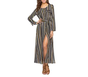 Long Sleeve Shirt Dress Striped Split Long Dress