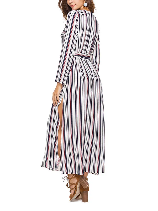 Long Sleeve Shirt Dress Striped Split Long Dress