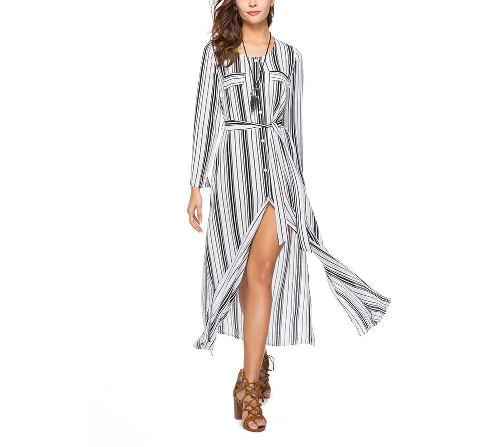 Long Sleeve Shirt Dress Striped Split Long Dress