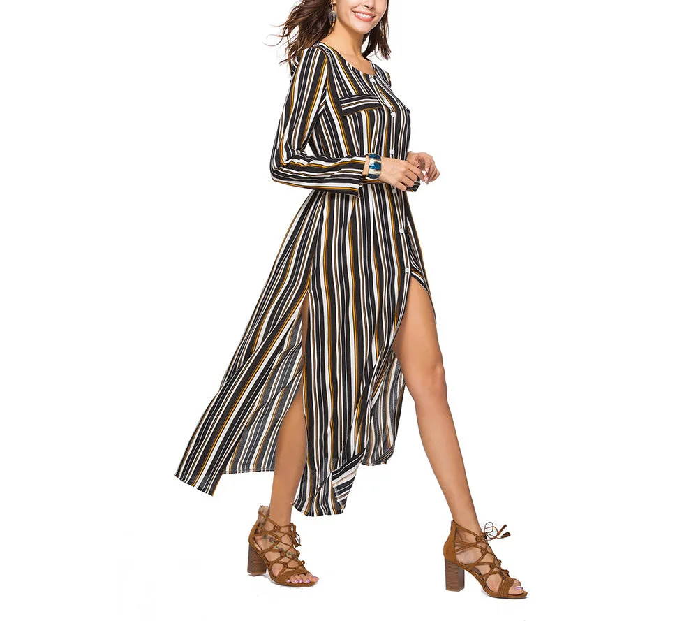 Long Sleeve Shirt Dress Striped Split Long Dress