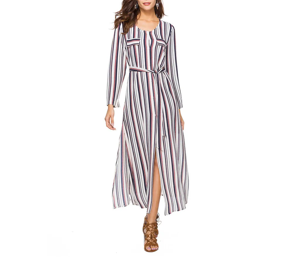 Long Sleeve Shirt Dress Striped Split Long Dress