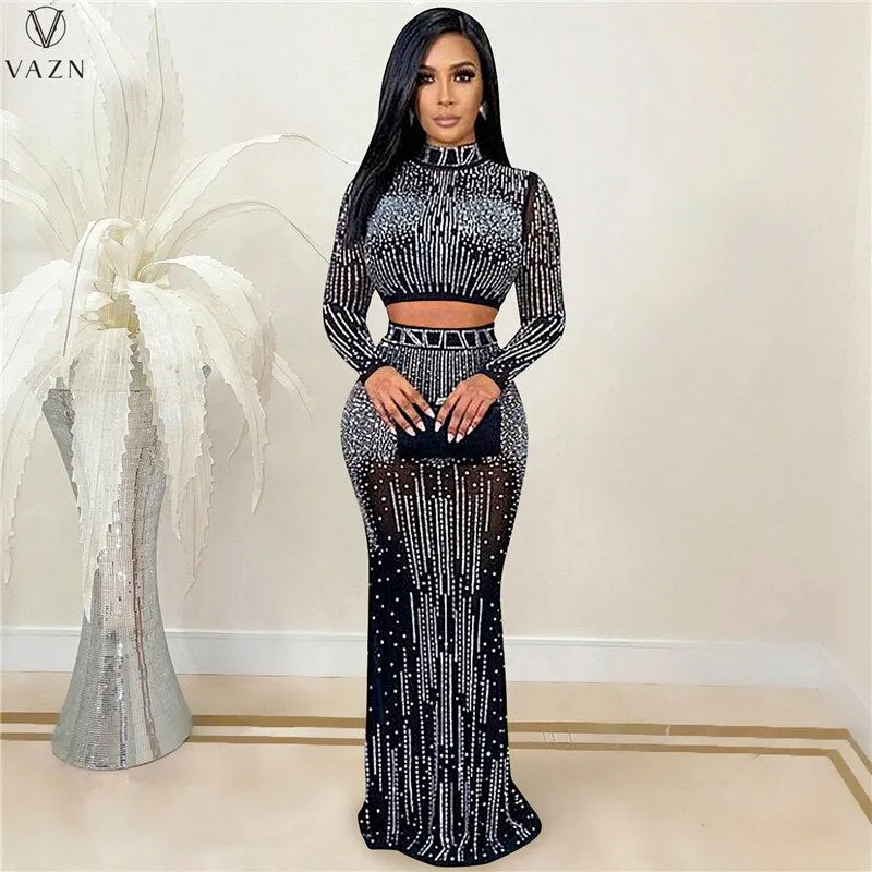 Long Sleeve Short Elastic Floor Length Skirt Dress Sets