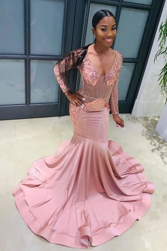 Long Sleeves V Neck Floor Length Prom Dresses with Train