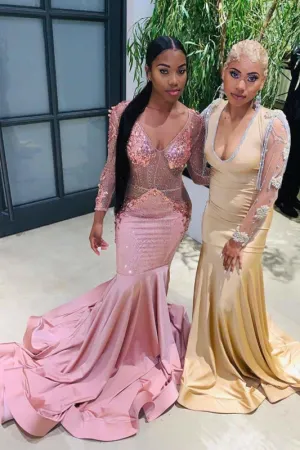 Long Sleeves V Neck Floor Length Prom Dresses with Train