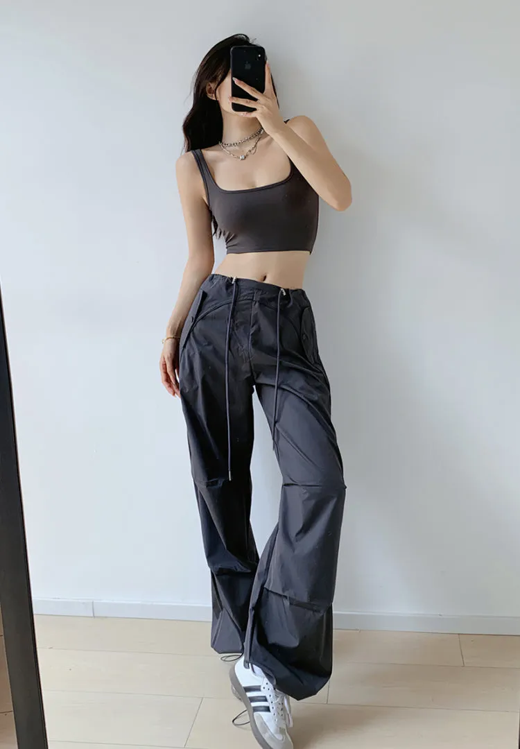 Loose drawstring workwear straight pants